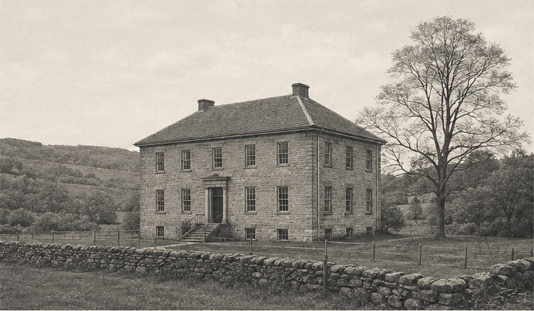 A stone farmhouse on a hillside, viewed from across a low stone wall.