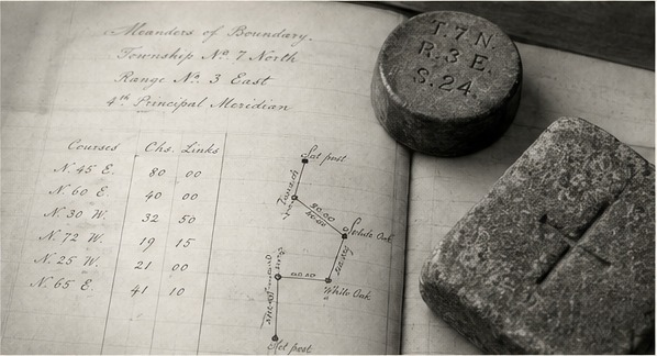 An open surveyor's ledger book with boundary notes, beside a stone boundary marker.